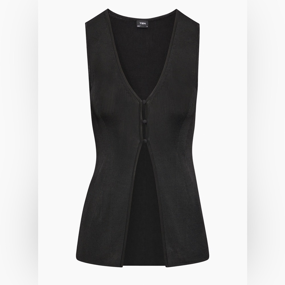 Aritzia Black Sleeveless V-Neck Ribbed Button Front Top
